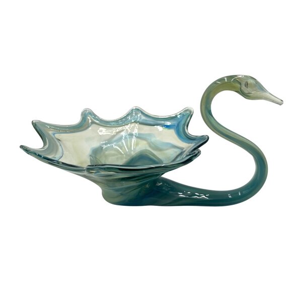 Mid Century Sooner Blue Swirl Art Glass Swan Bowl - Picture 3 of 4